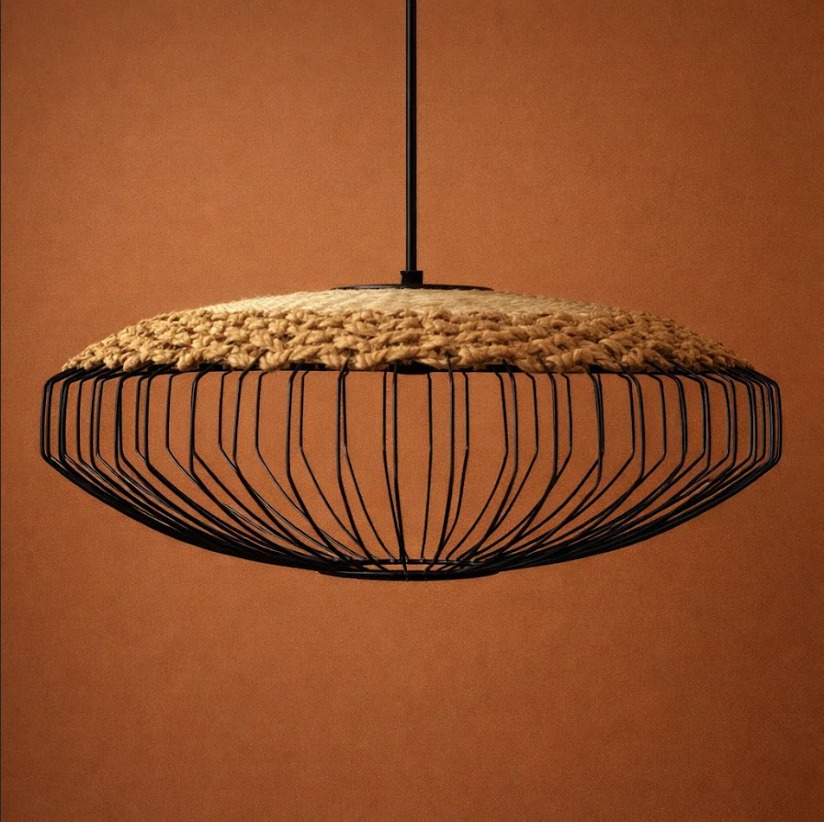 Suspension design en métal noir et fibres naturelles