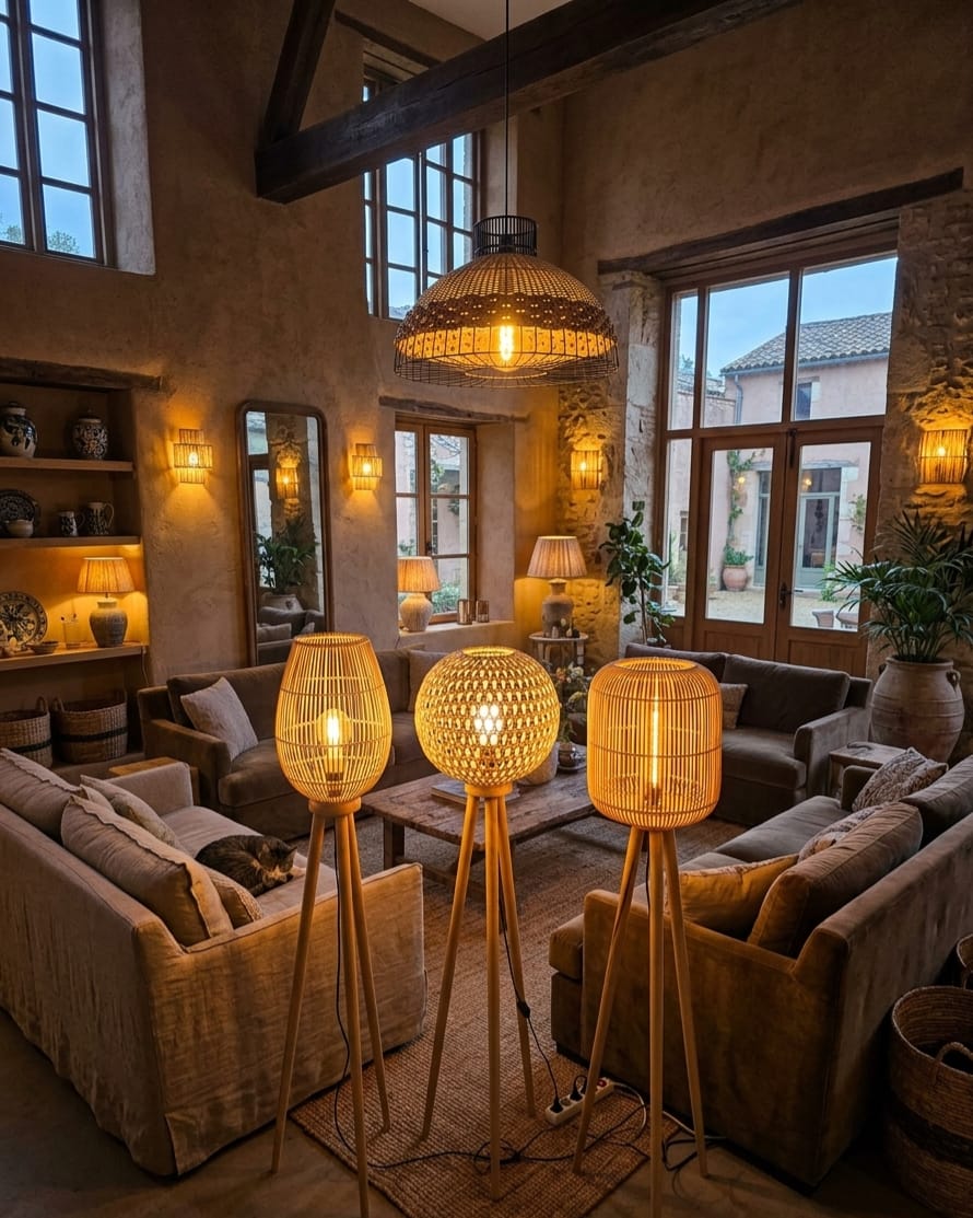 Lampe sur pied artisanale en fibres naturelles tressées