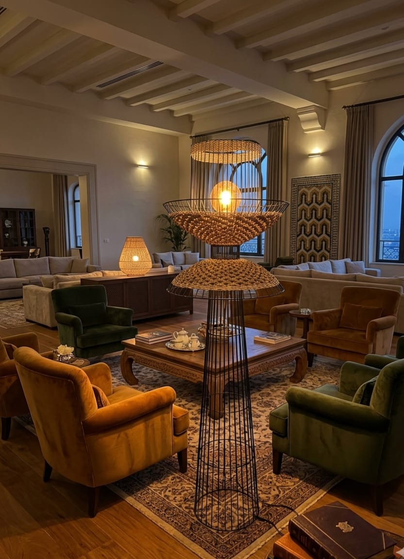 Lampadaire sculptural artisanal en fibres naturelles tressées